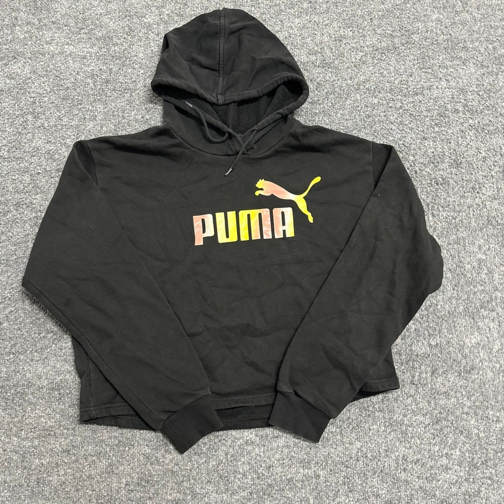 Puma Hoodie Womens Size L Black Cropped Gradient Logo Long Sleeve Athletic Sweat